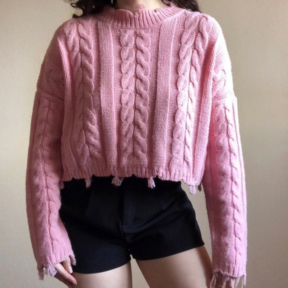 Boohoo Pink Cropped Cable Knit Sweater